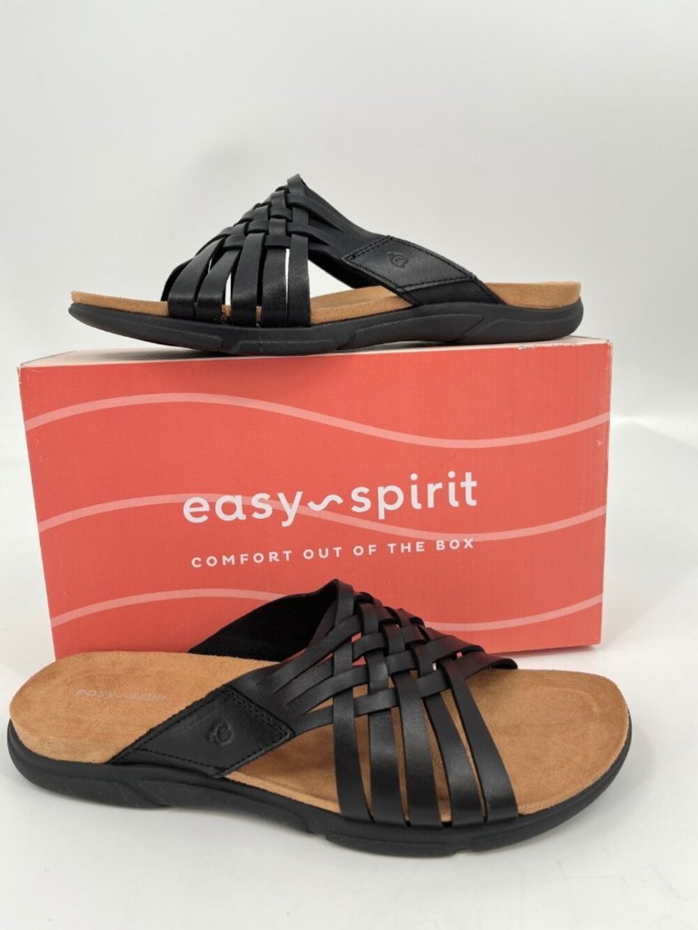 Easy Spirit Meadow Slip On Sandals Black Leather Size 12M Woven Flat Open Toe